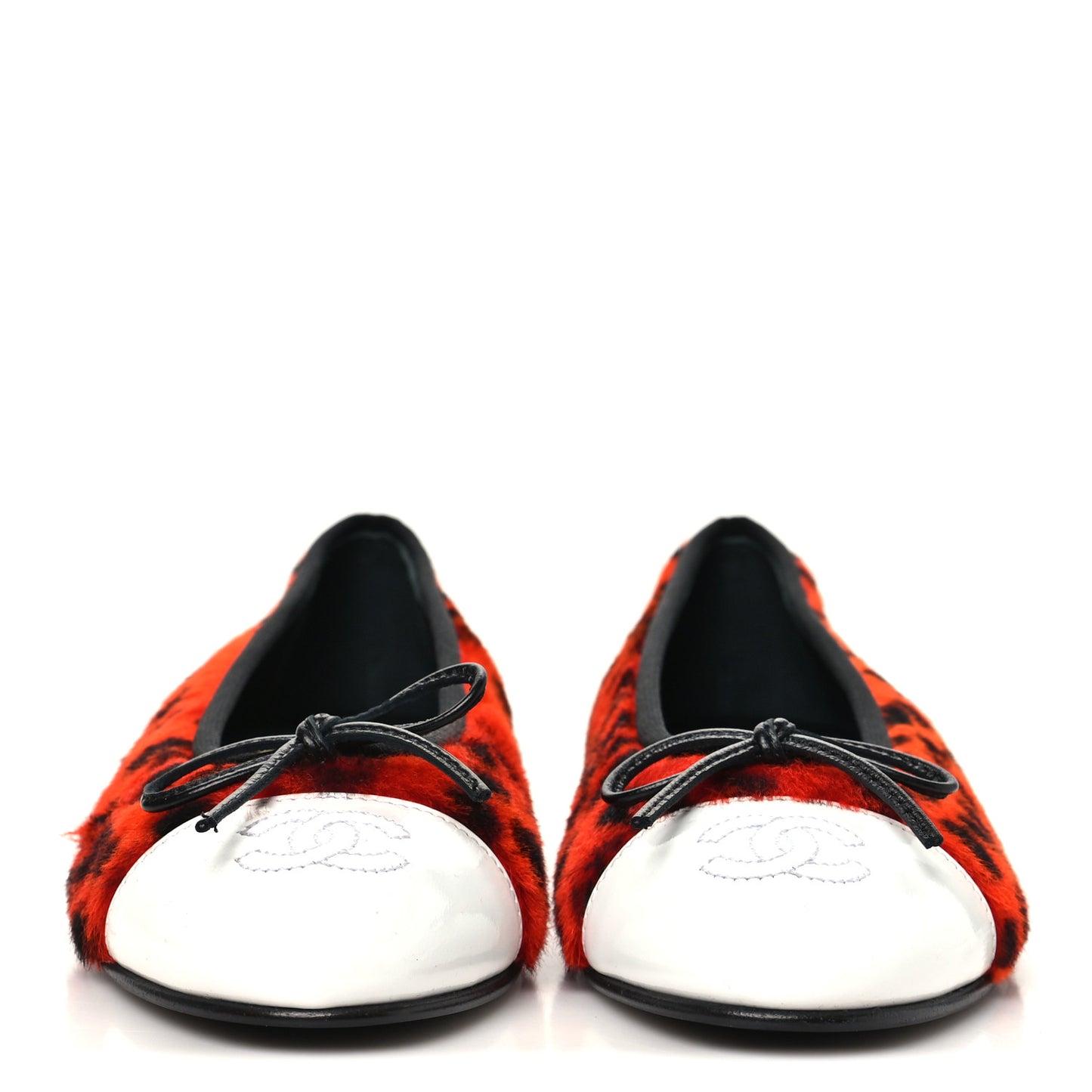 Pony Hair Lambskin Patent Calfskin Cap Toe CC Ballerina Flats 36 Orange Black White