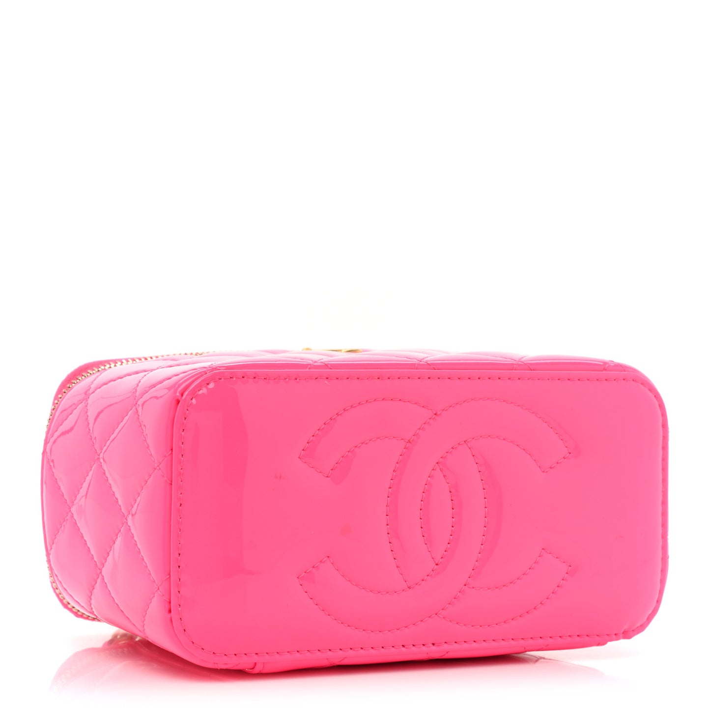 Patent Quilted Pearl Crush Small Vanity Case With Chain Neon Pink