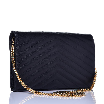 Saint Laurent Grain De Poudre Matelasse Chevron Monogram Chain Wallet Black 2 of 9