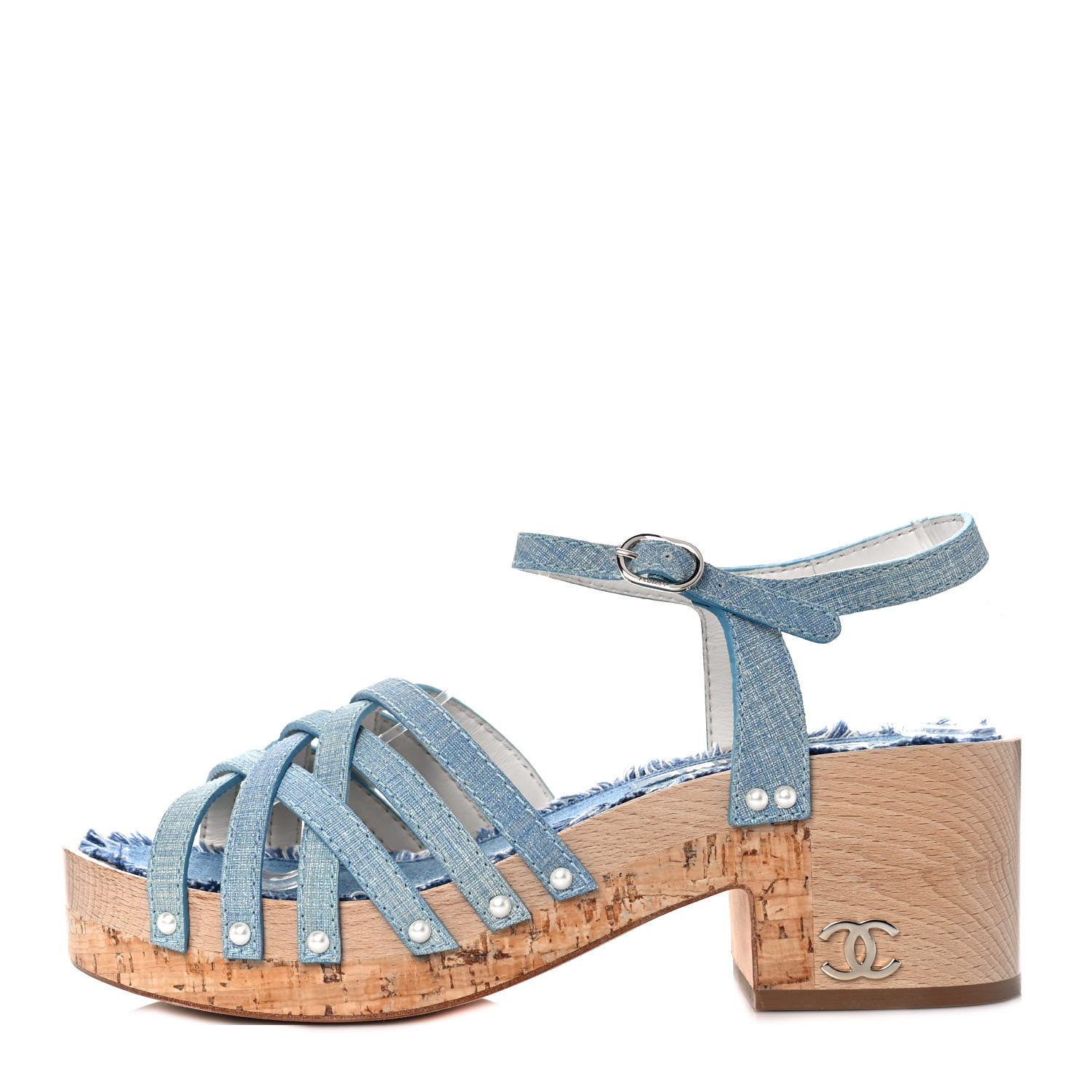 Chanel Fantasy Calfskin Denim Pearl Cork Sandals 39 Blue 1 of 9