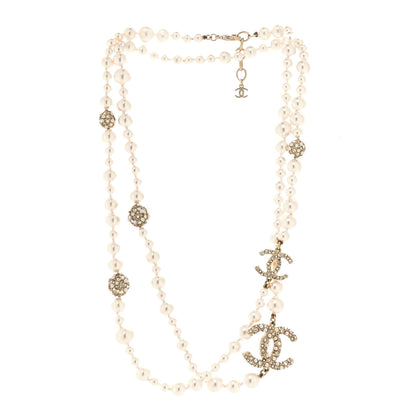 Chanel Pearl Crystal CC Cluster Long Necklace Golden Pearly White 3 of 5