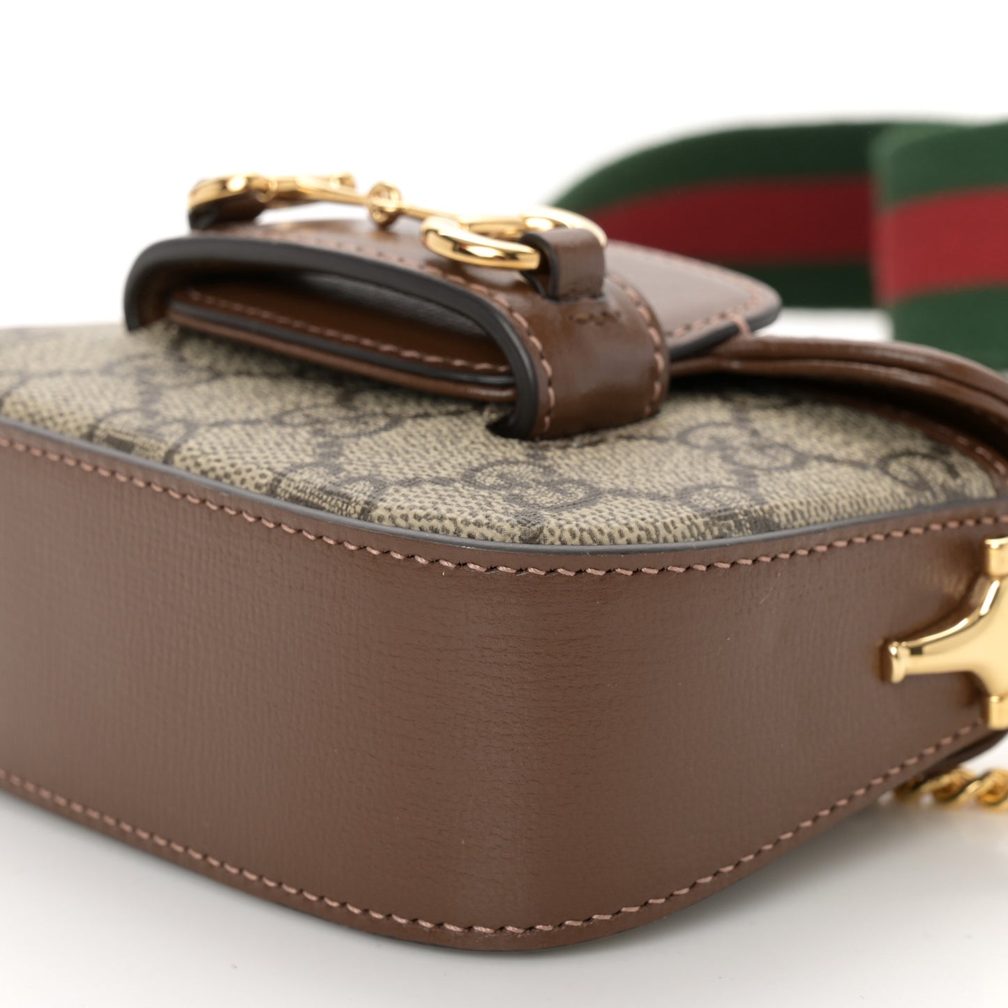 GG Supreme Monogram Azalea Calfskin Web Horsebit 1955 Wallet On Strap Beige Ebony Brown Sugar