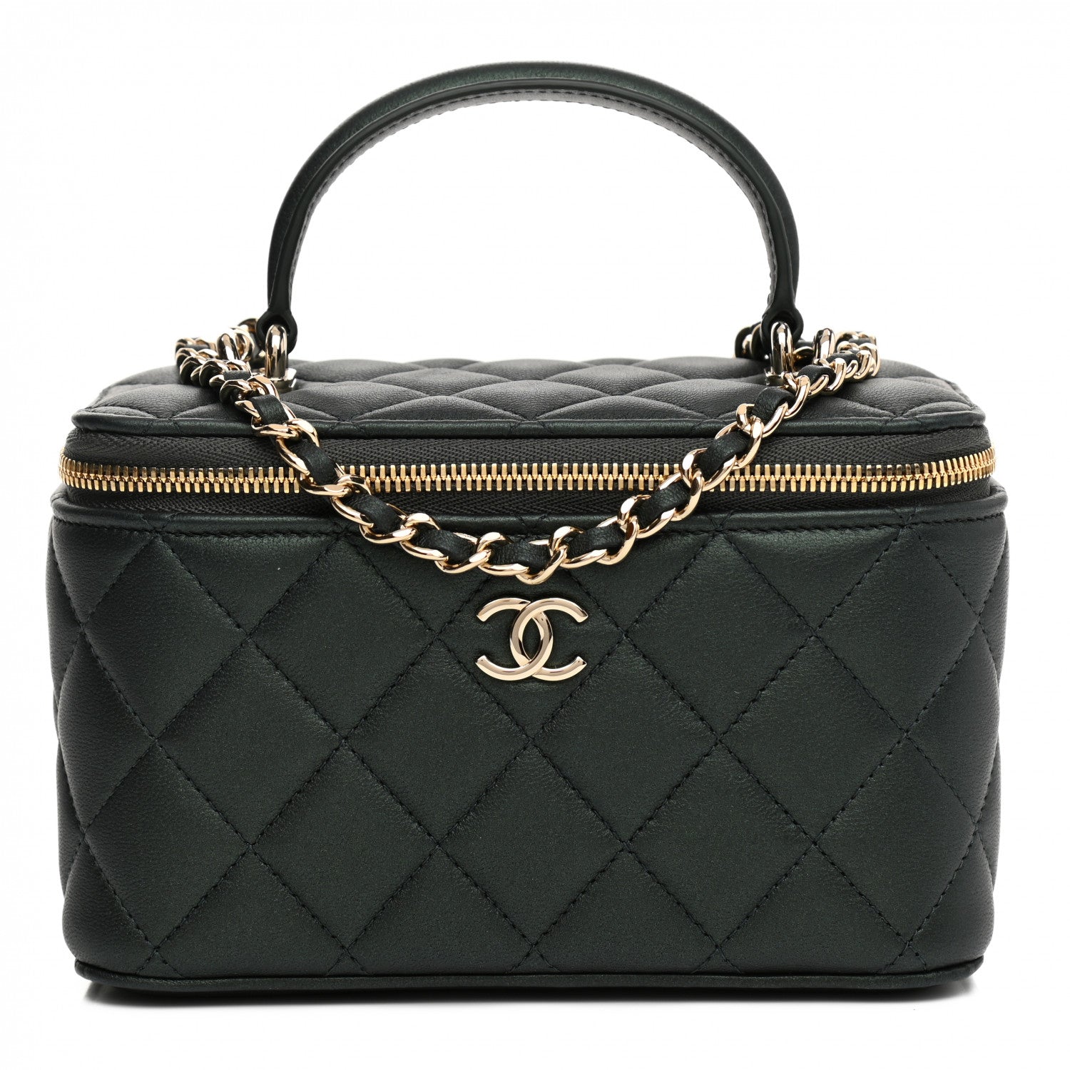 Chanel Iridescent Lambskin Quilted Small Top Handle Vanity Case With Chain Dark Green 1 of 12
