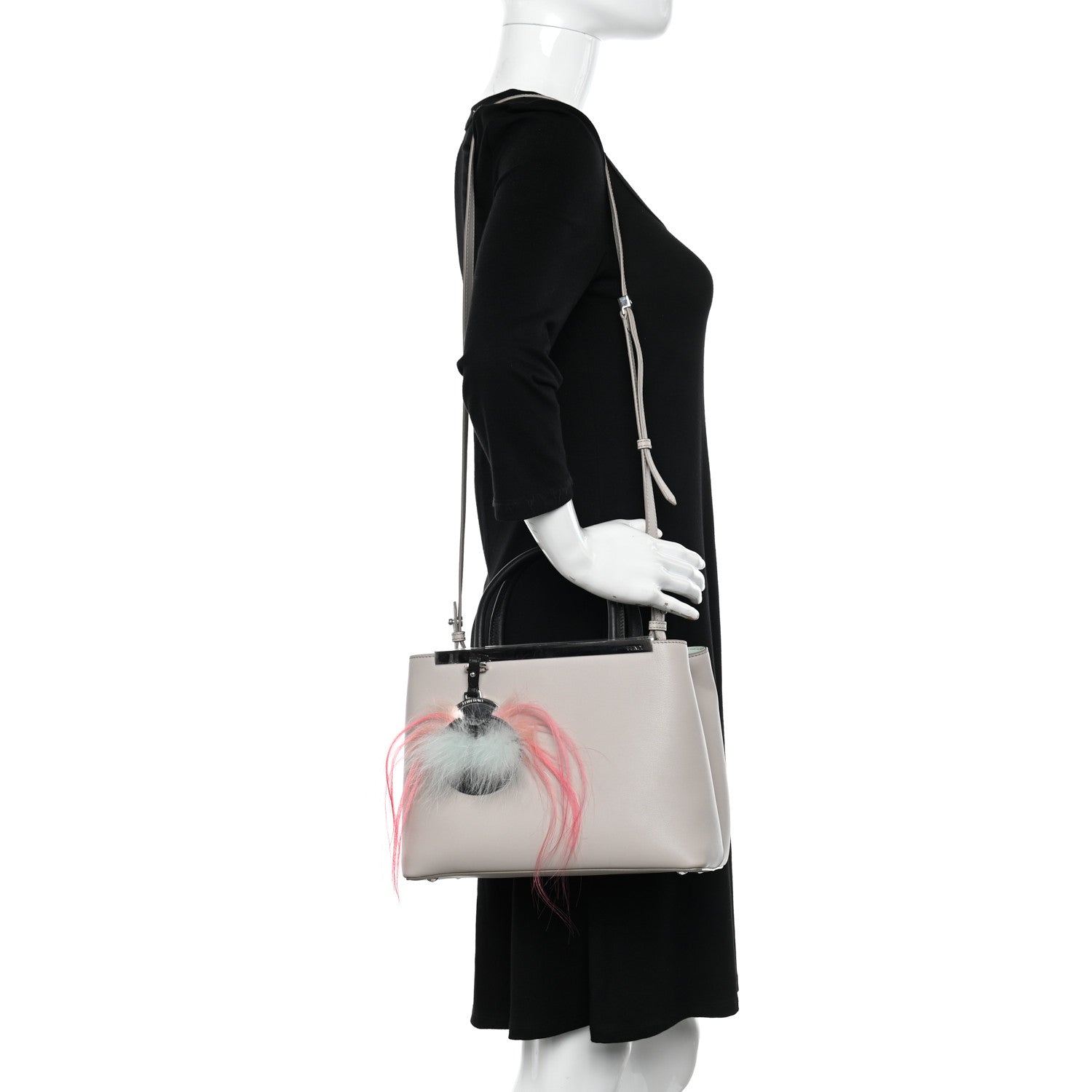 Fendi Vitello Dolce Fox Goat Bi-Color Sad Eyes Mirror Charm Petite 2Jours Tote Grigio Polvere Black 2 of 13