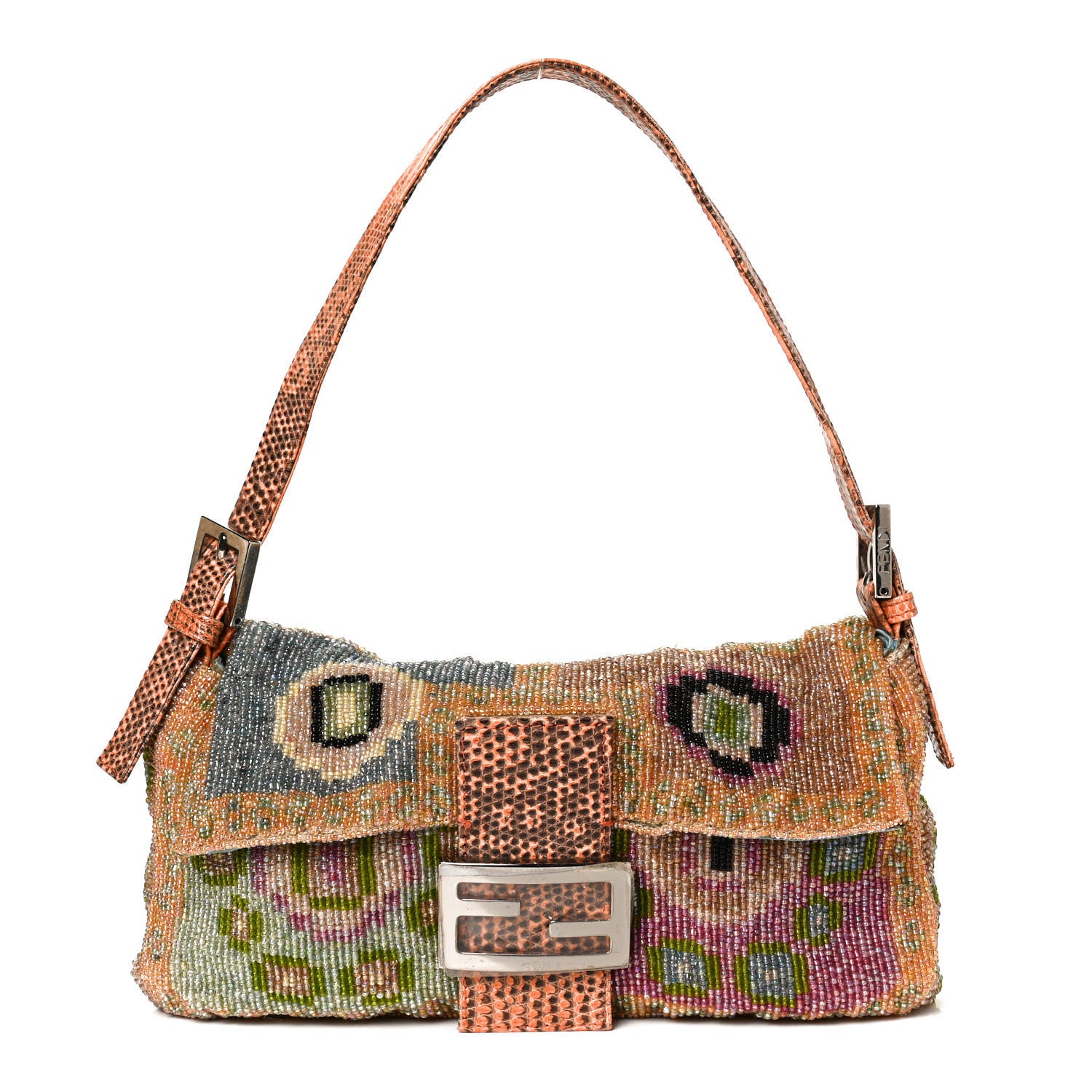Fendi Wool Embroidered Beaded Lizard Baguette 1 of 12