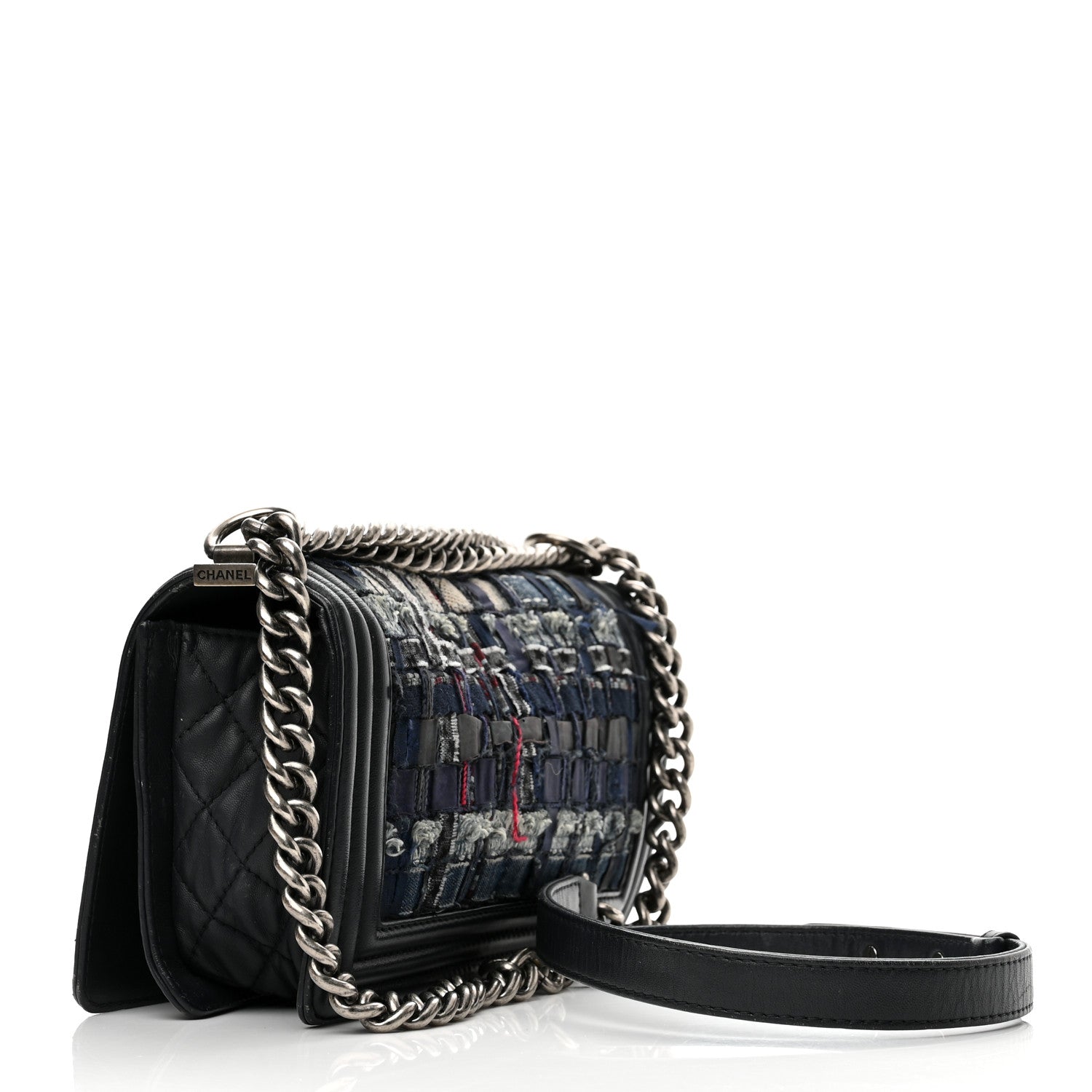 Chanel Lambskin Denim Tweed Medium Enchained Boy Flap Navy Blue 2 of 12