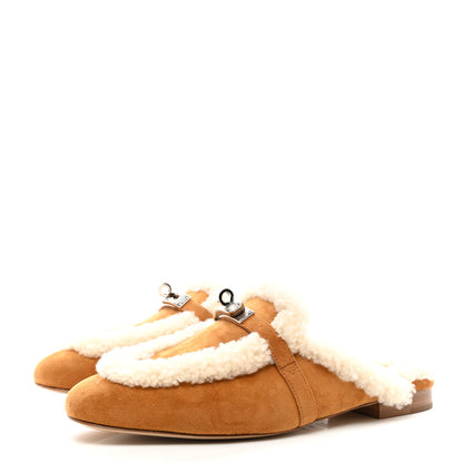 Hermes Suede Goatskin Woolskin Womens Oz Mules 38 Naturel 3 of 9