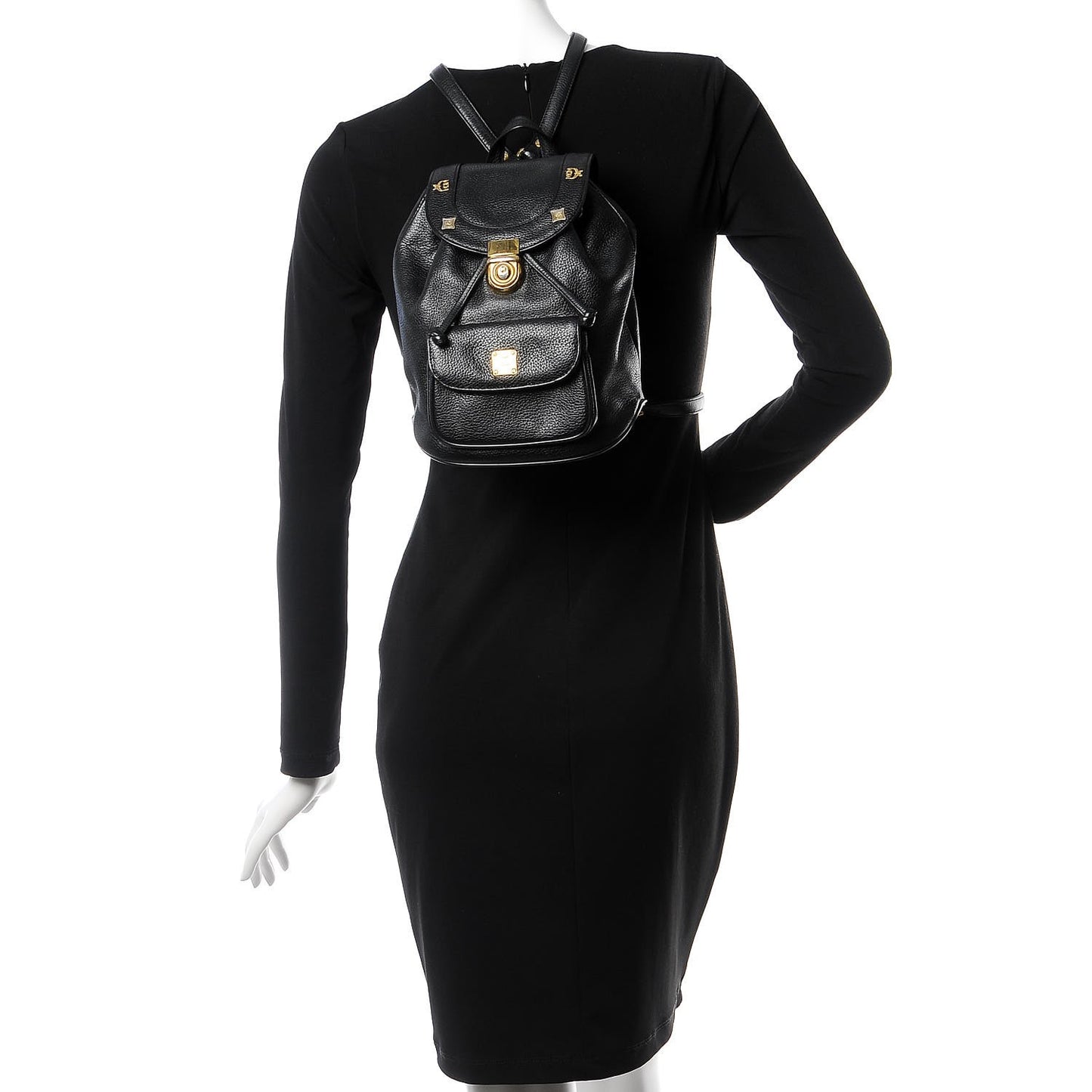 Grained Calfskin Studded Drawstring Backpack Black