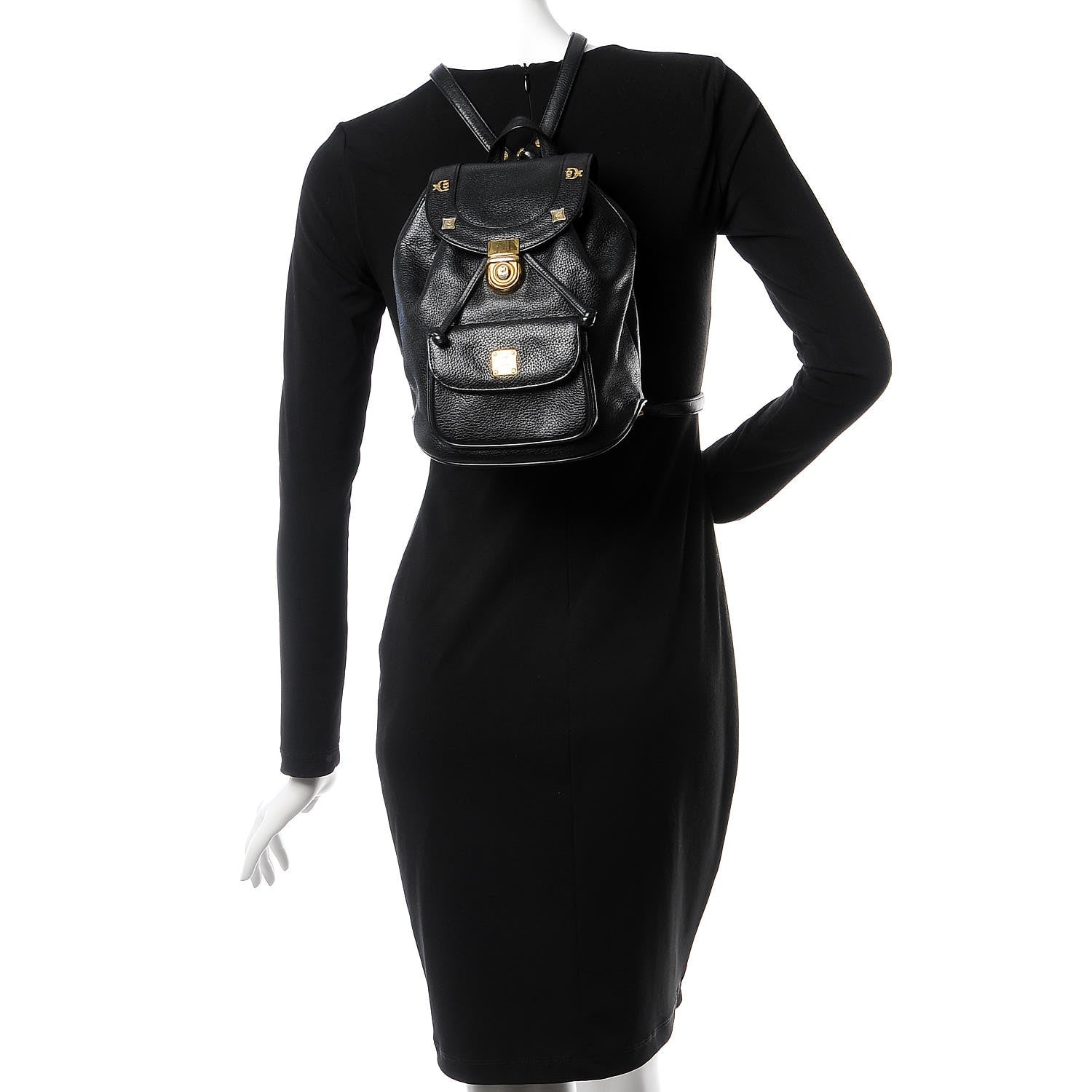 MCM Grained Calfskin Studded Drawstring Backpack Black 2 of 6
