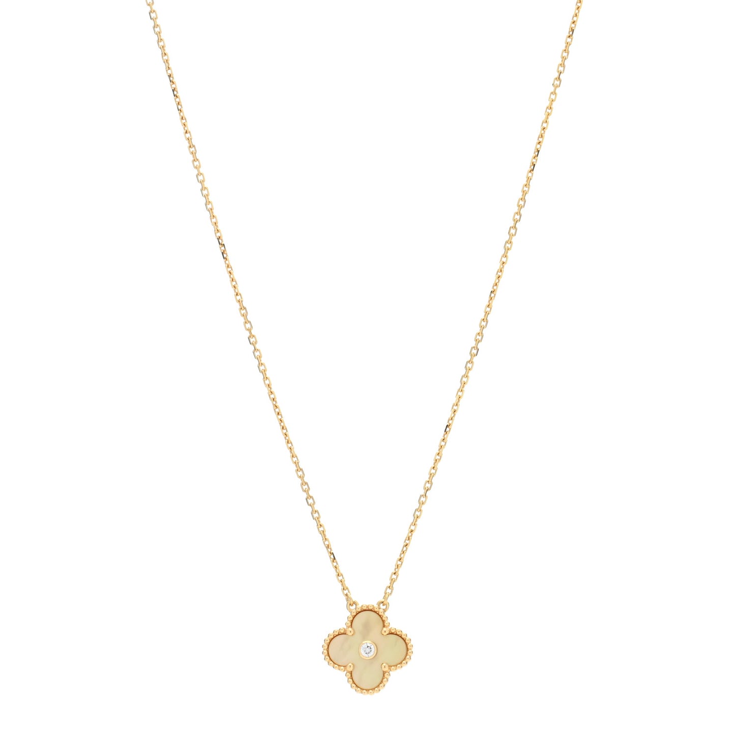 18K Yellow Gold Diamond Yellow Mother of Pearl Vintage Alhambra Pendant Necklace
