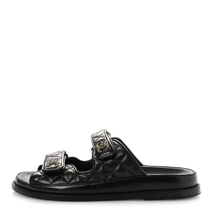 Chanel Lambskin Quilted Velcro Dad Chain CC Slide Sandals 39 Black 1 of 13