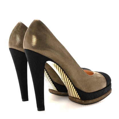 Chanel Metallic Fabric CC Cap Toe Pumps 38.5 Khaki Black 5 of 10
