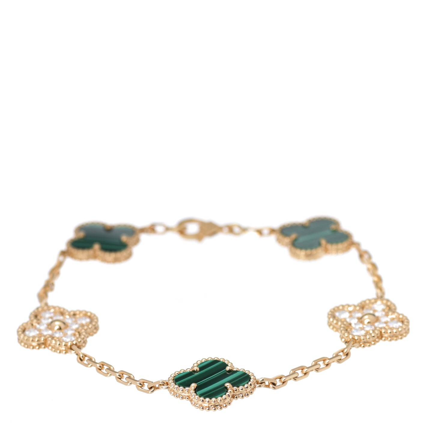 18K Yellow Gold Diamond Malachite 5 Motifs Vintage Alhambra Bracelet