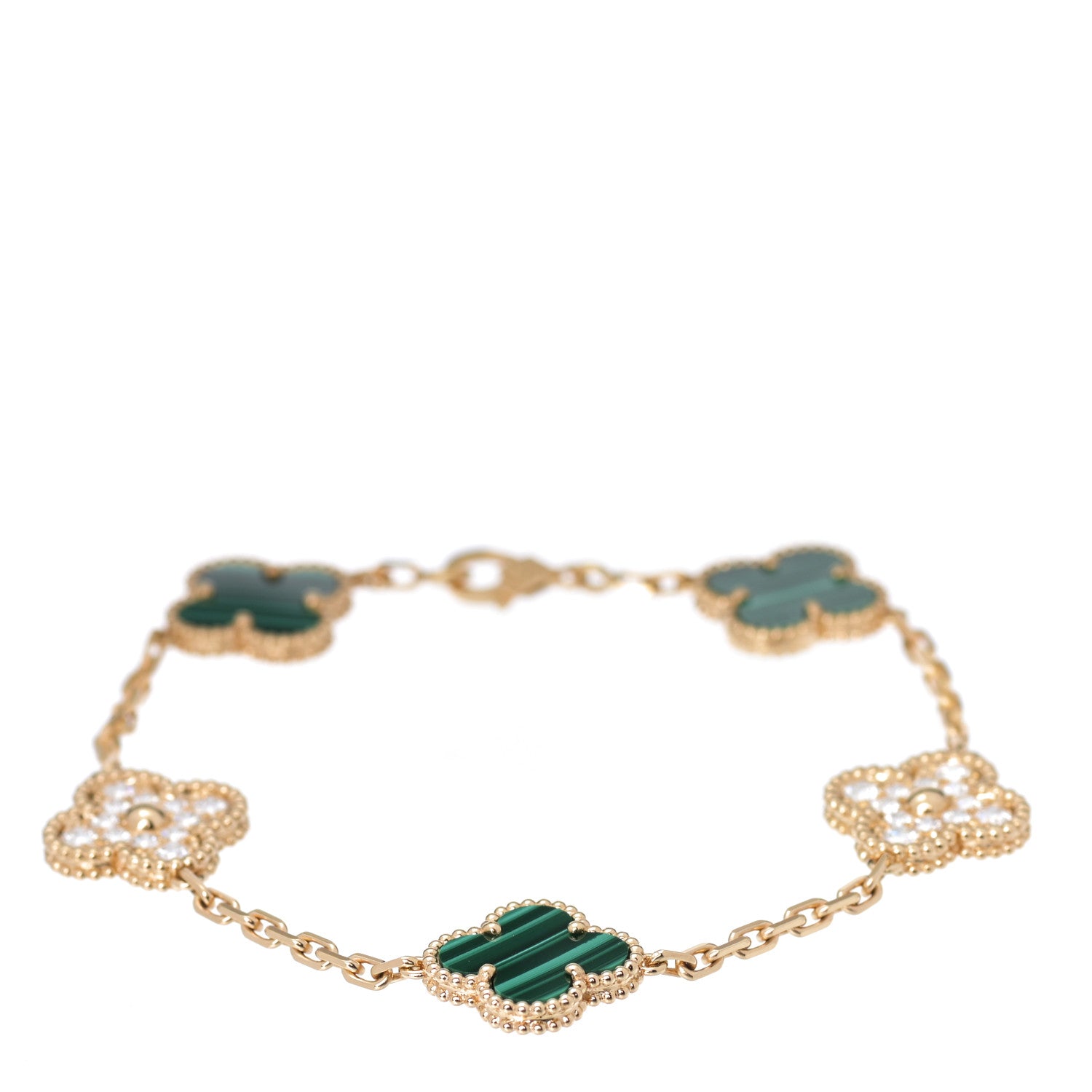Van Cleef & Arpels 18K Yellow Gold Diamond Malachite 5 Motifs Vintage Alhambra Bracelet 1 of 6