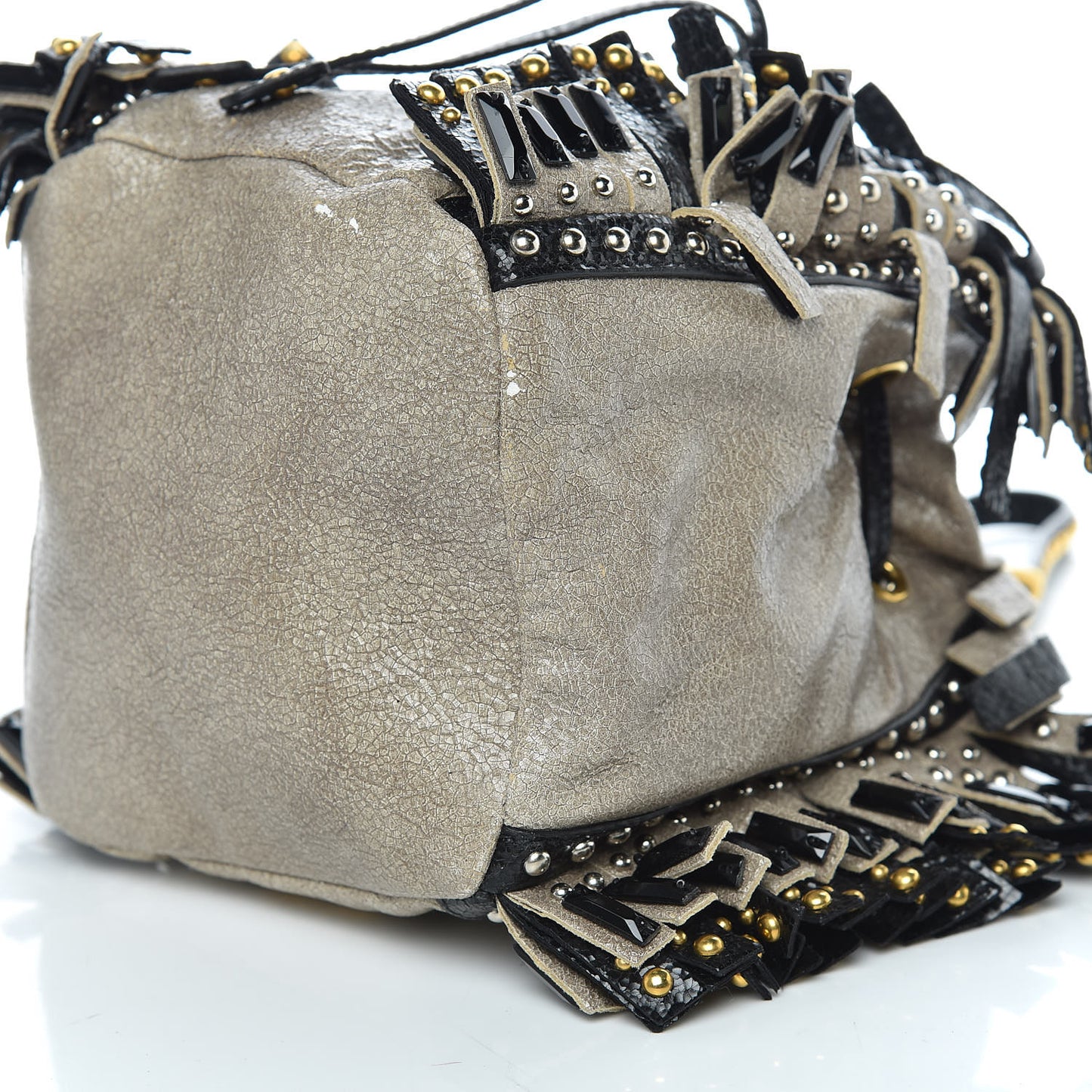 Crackled Calfskin Studded Fringe Wristlet Pouch Talco Black