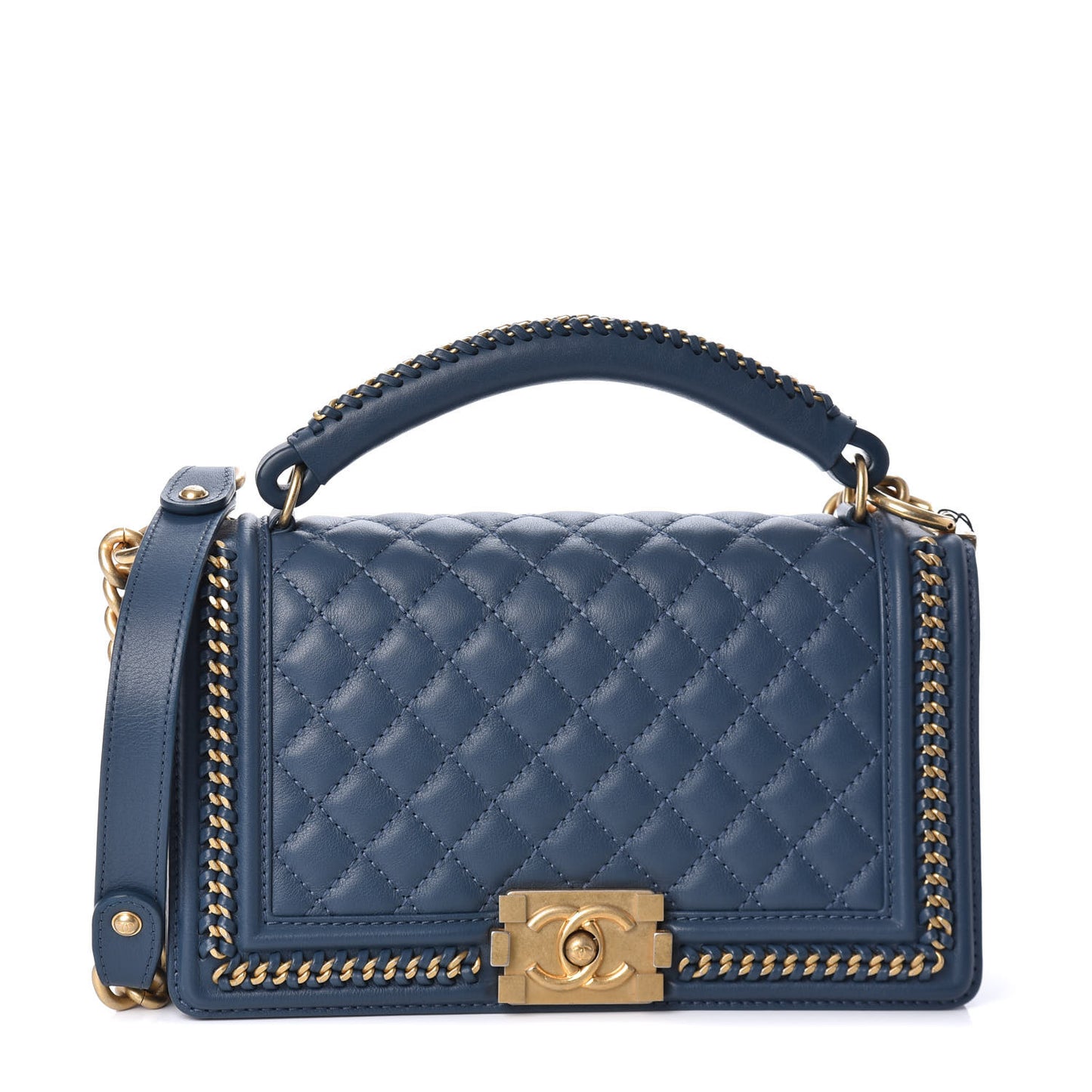 Calfskin Quilted Medium Top Handle Boy Flap Blue