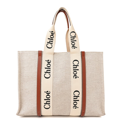 Chloe Cotton Calfskin Large Woody Ribbon Tote White Brown 1 of 15