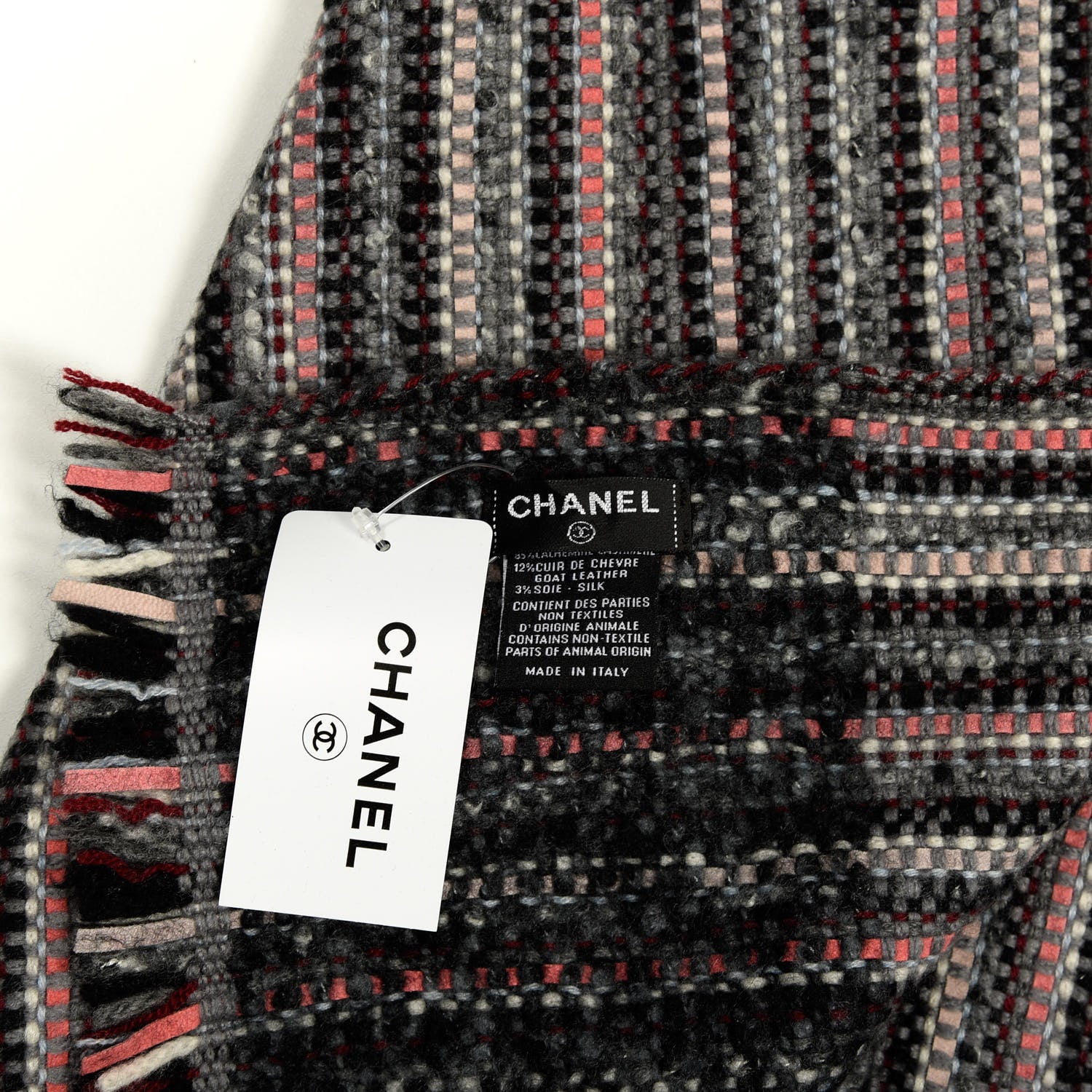Chanel Cashmere Goat Leather Silk CC Logo Scarf Grey Red 3 of 4
