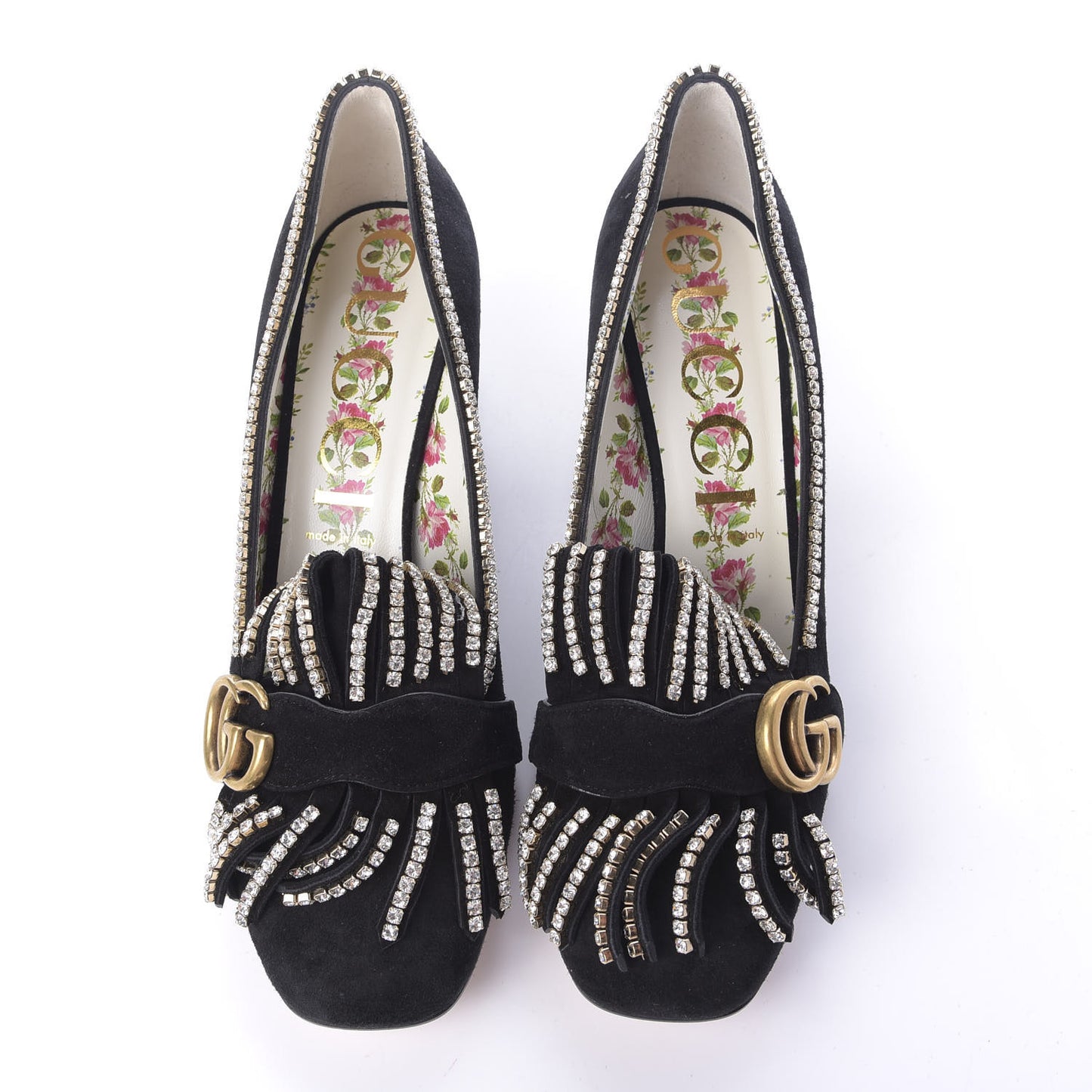 Kid Scamosciato Crystal GG Marmont Fringe 50mm Loafer Pumps 40.5 Black