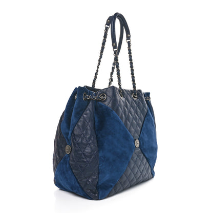 Chanel Goatskin Suede Calfskin Quilted Patchwork Drawstring Bag Blue 3 of 11