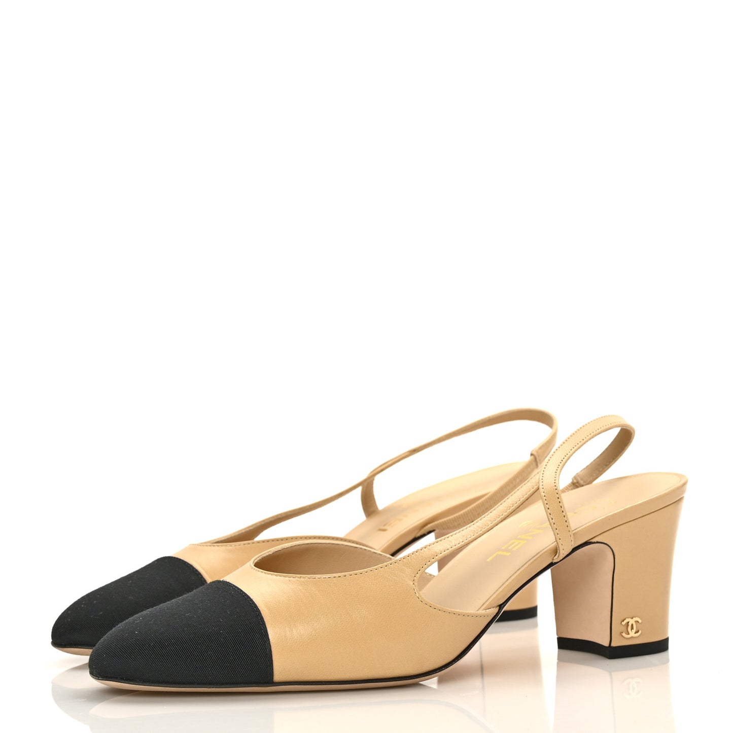 Goatskin Grosgrain Cap Toe CC Slingback Pumps 40.5 Beige Black