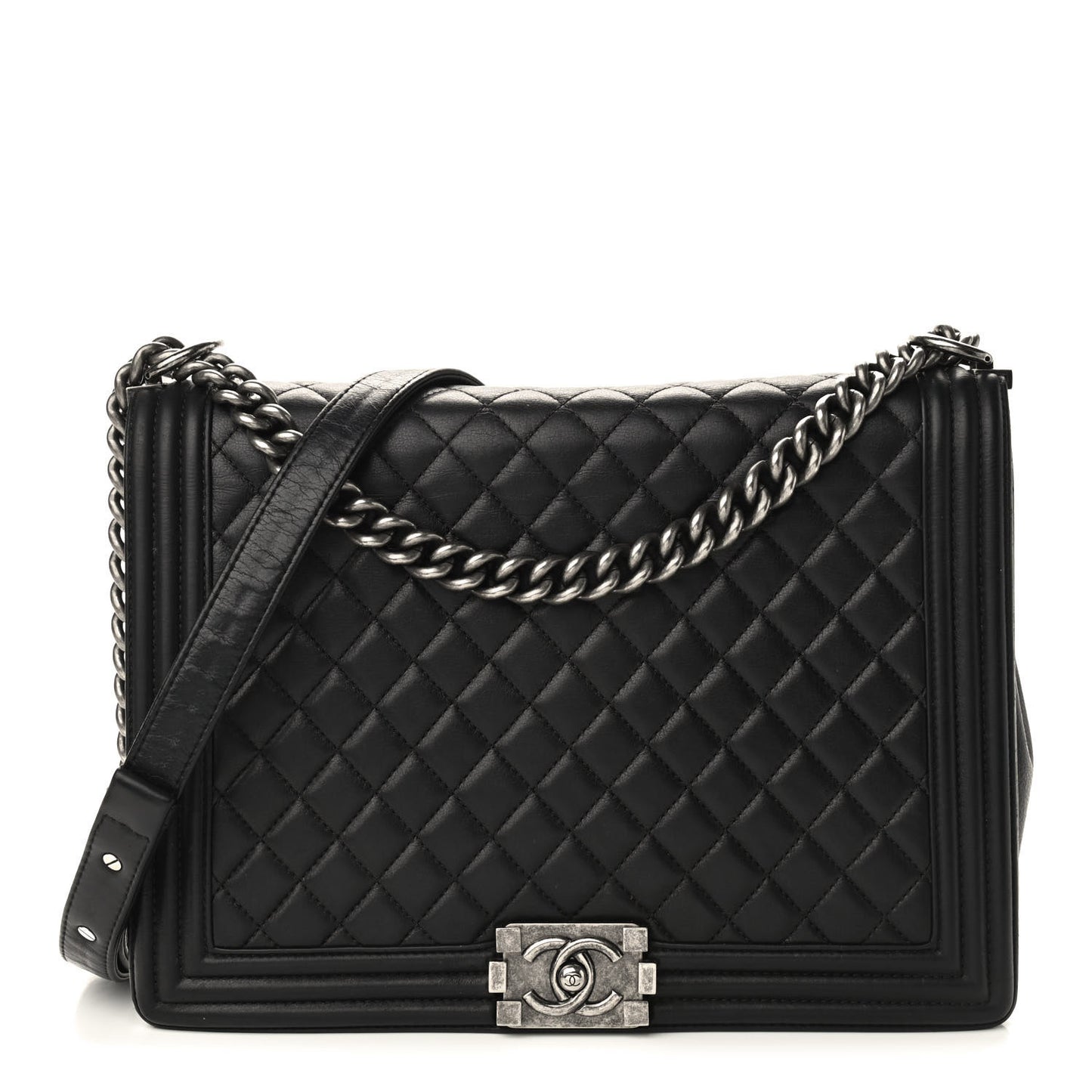 Calfskin Quilted Large Boy Flap Black