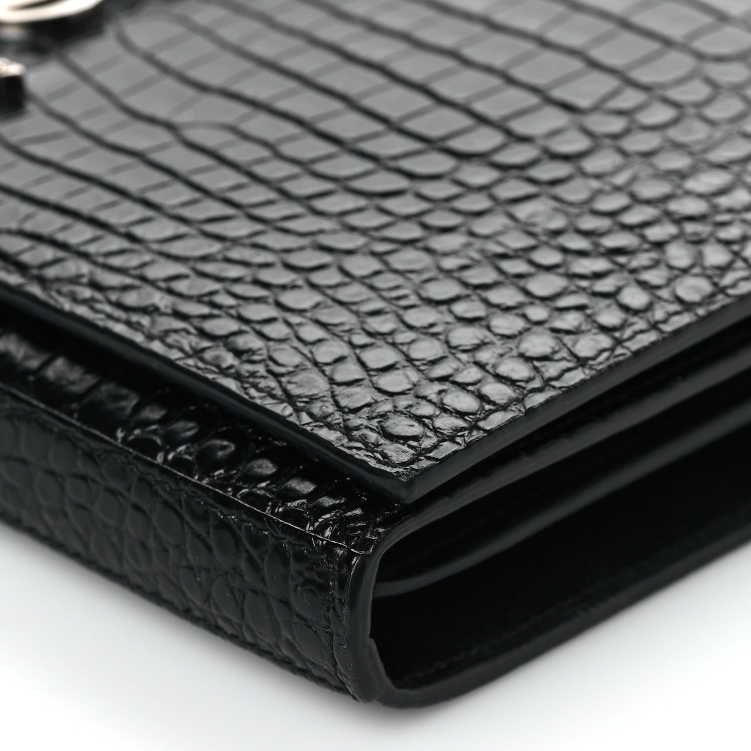 Saint Laurent Calfskin Crocodile Embossed Monogram Chain Wallet Black 10 of 10