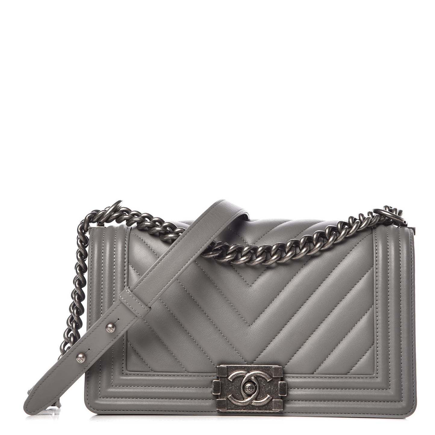Calfskin Chevron Quilted Medium Boy Flap Grey