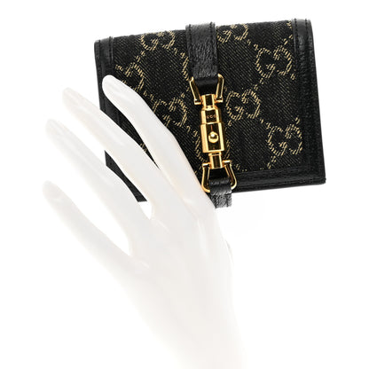 Gucci Jacquard Black Denim GG Monogram Textured Dollar Calfskin Jackie 1961 Card Case Black Ivory 2 of 6