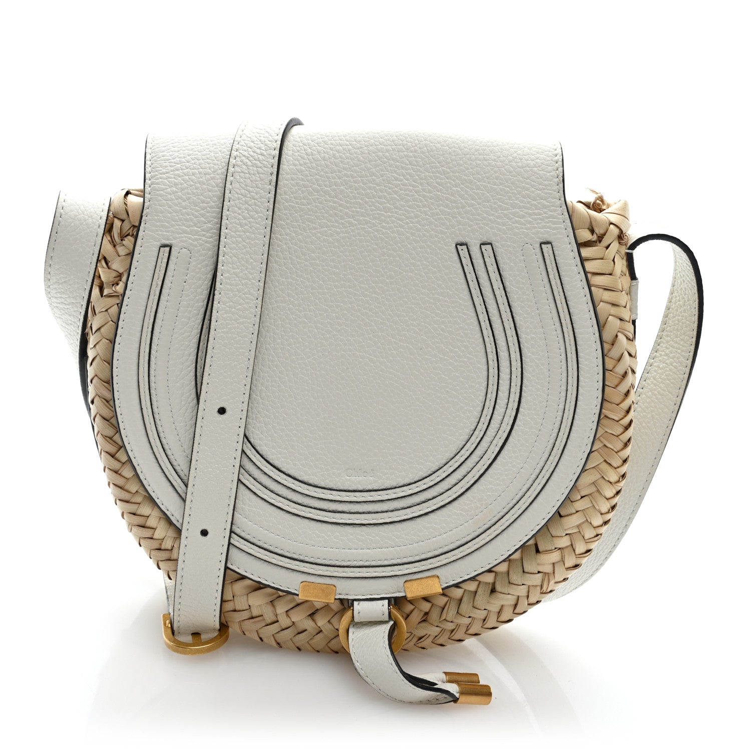 Chloe Raffia Calfskin Marcie Basket Small Marcie Round Crossbody Bag White 1 of 12