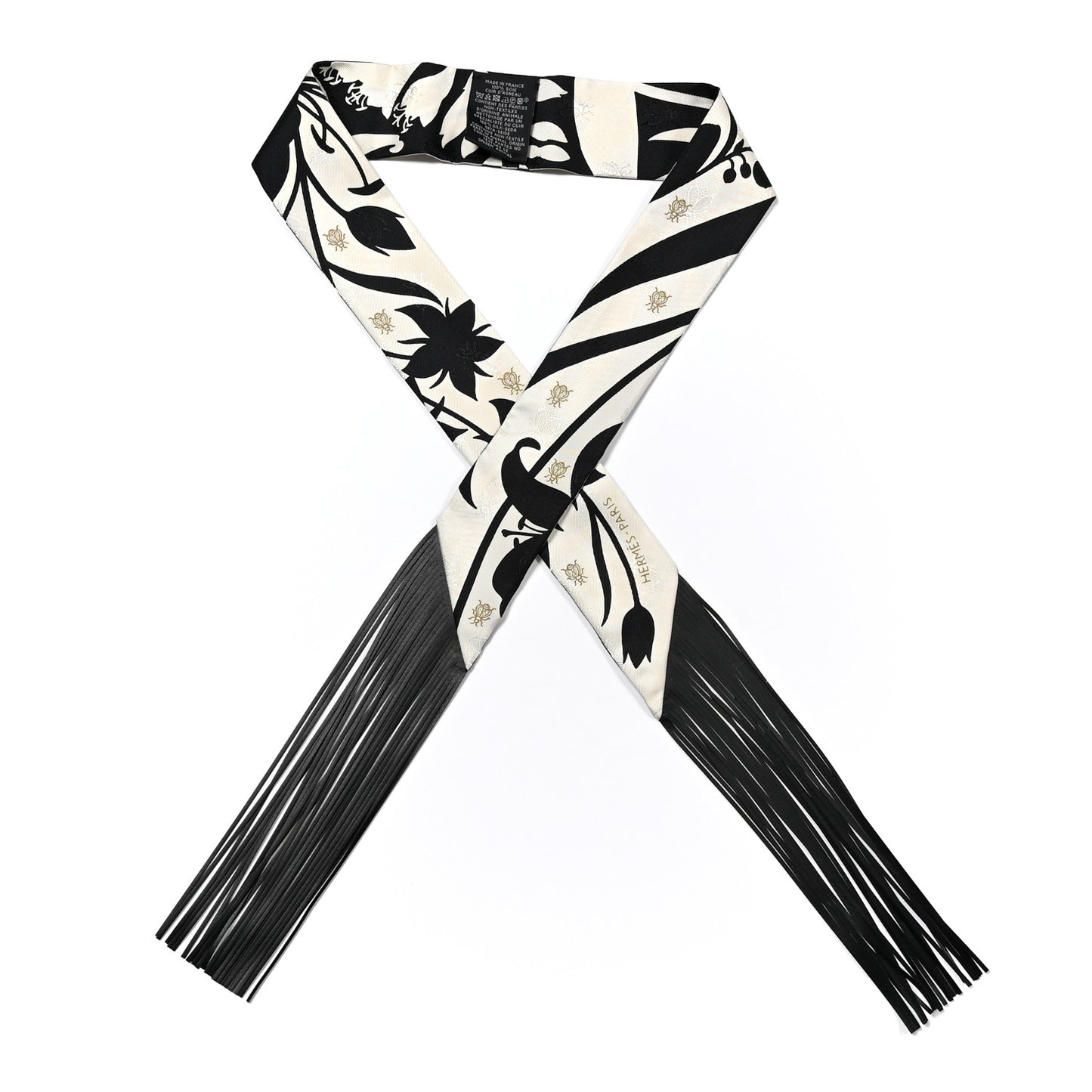 Silk Calfskin Bouquet Final Fringed Twilly Creme Black