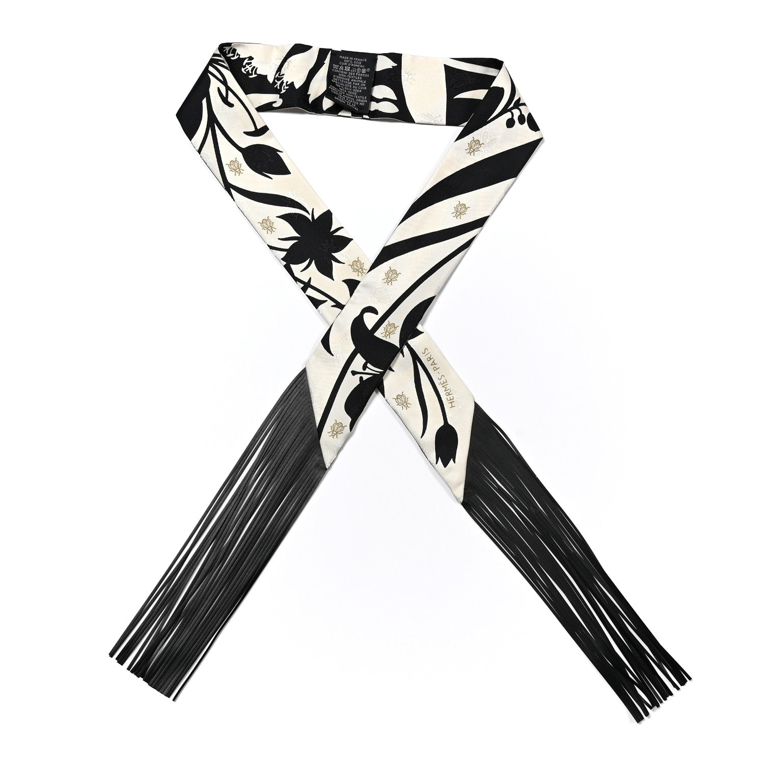 Hermes Silk Calfskin Bouquet Final Fringed Twilly Creme Black 1 of 4