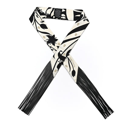 Hermes Silk Calfskin Bouquet Final Fringed Twilly Creme Black 1 of 4