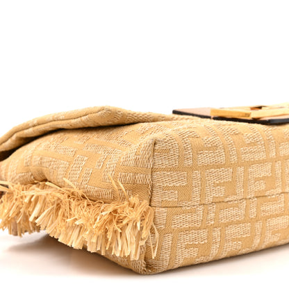 Fendi Fabric Jacquard Raffia Straw Fringe Medium Mamma Baguette Beige 9 of 9