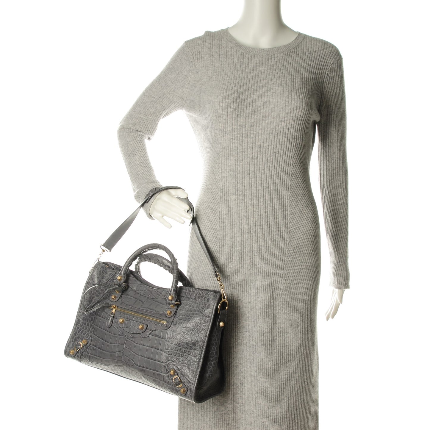 Calfskin Crocodile Embossed Giant 12 Gold Hardware City Gris Beton