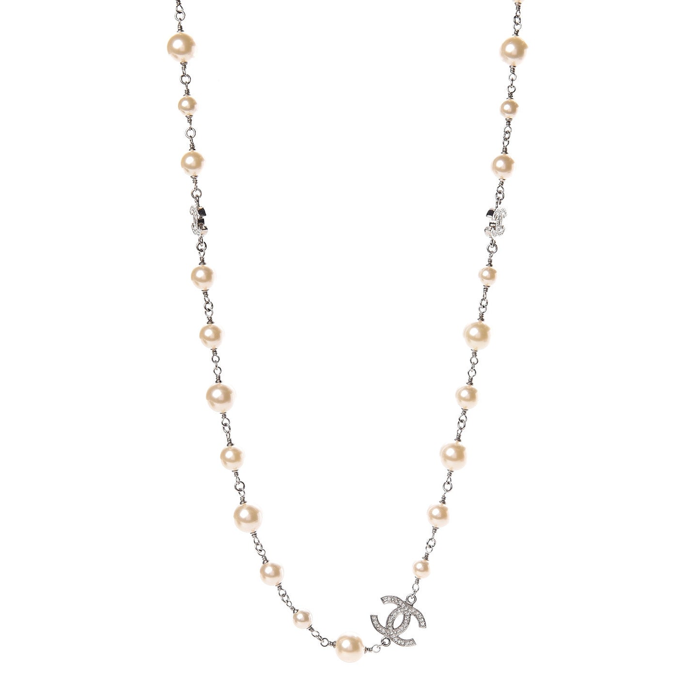 Graduated Pearl Crystal CC Long Necklace Silver