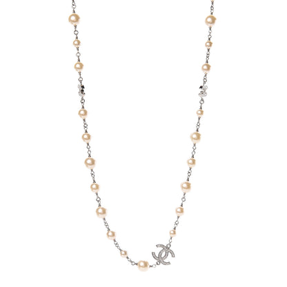 Chanel Graduated Pearl Crystal CC Long Necklace Silver 1 of 4