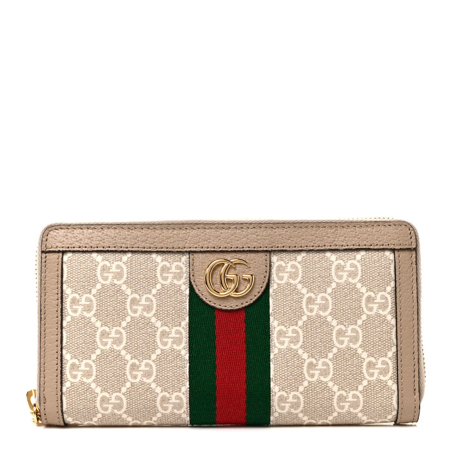 GG Supreme Monogram Textured Dollar Calfskin Web Ophidia Zip Around Wallet Beige Mystic White Oatmeal