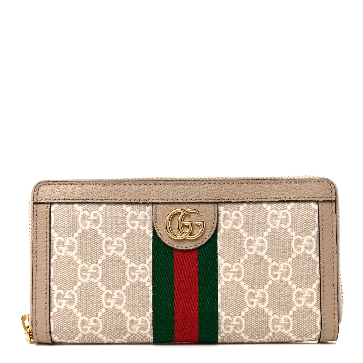 Gucci GG Supreme Monogram Textured Dollar Calfskin Web Ophidia Zip Around Wallet Beige Mystic White Oatmeal 1 of 8