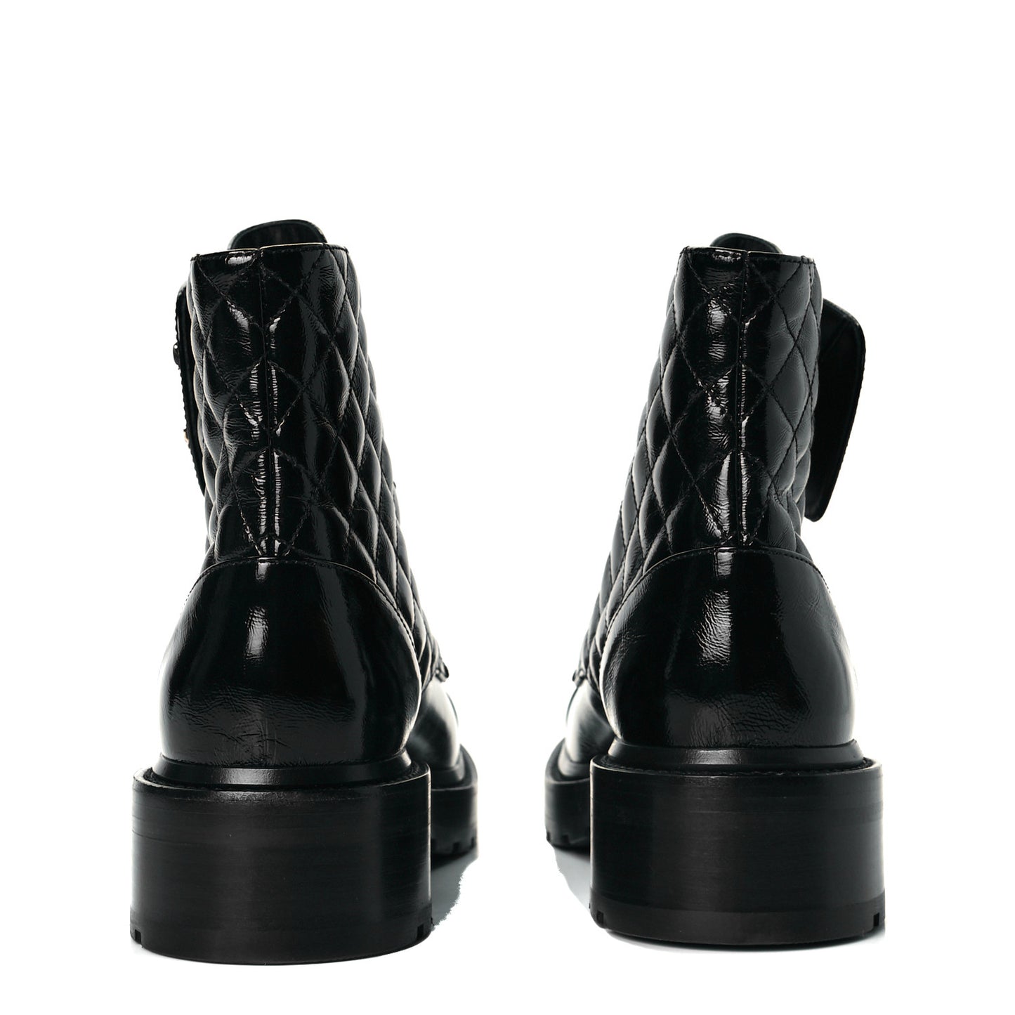 Shiny Calfskin Quilted Lace Up Combat Boots 39 Black