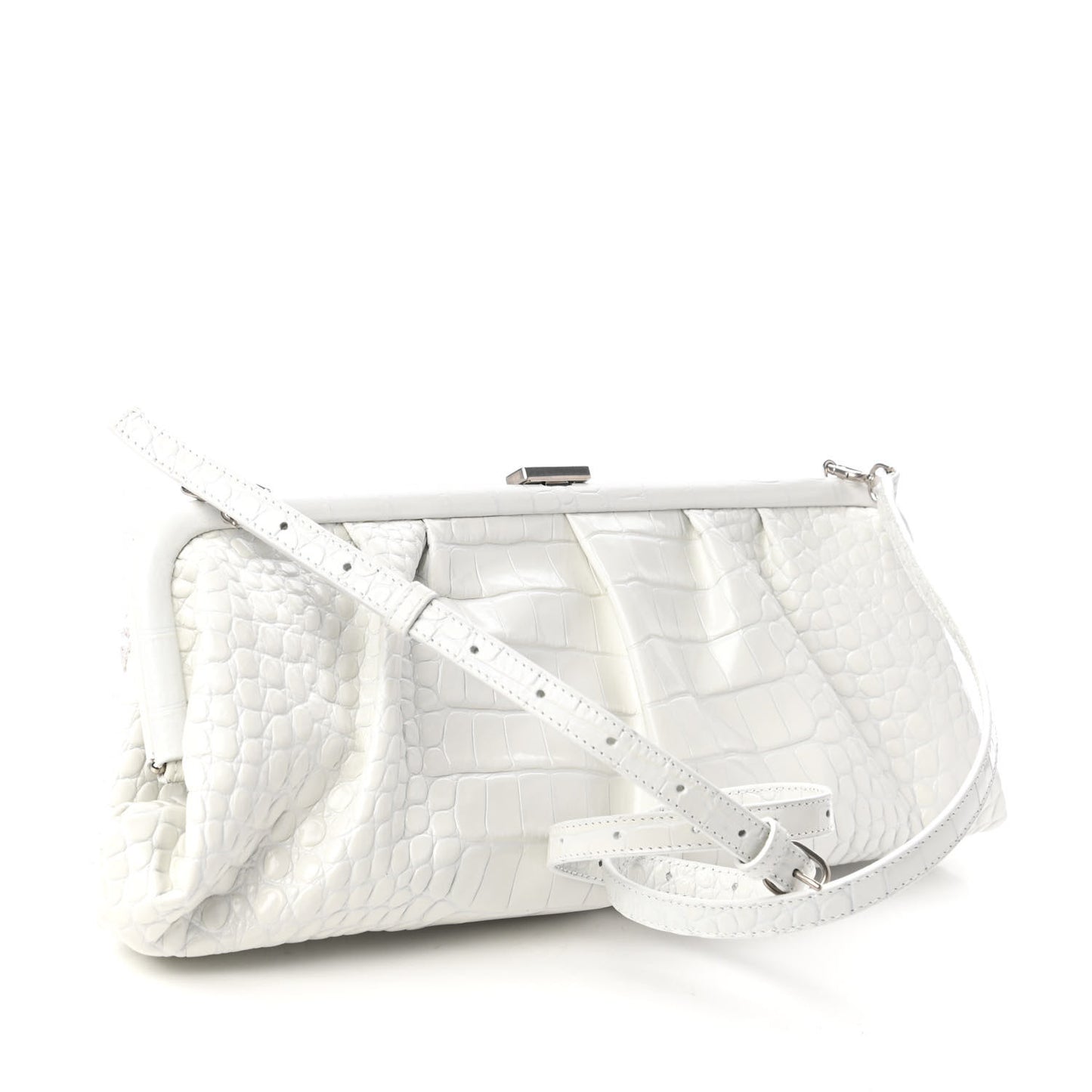 Shiny Supple Calfskin Logo Crocodile Embossed XL Cloud Clutch White