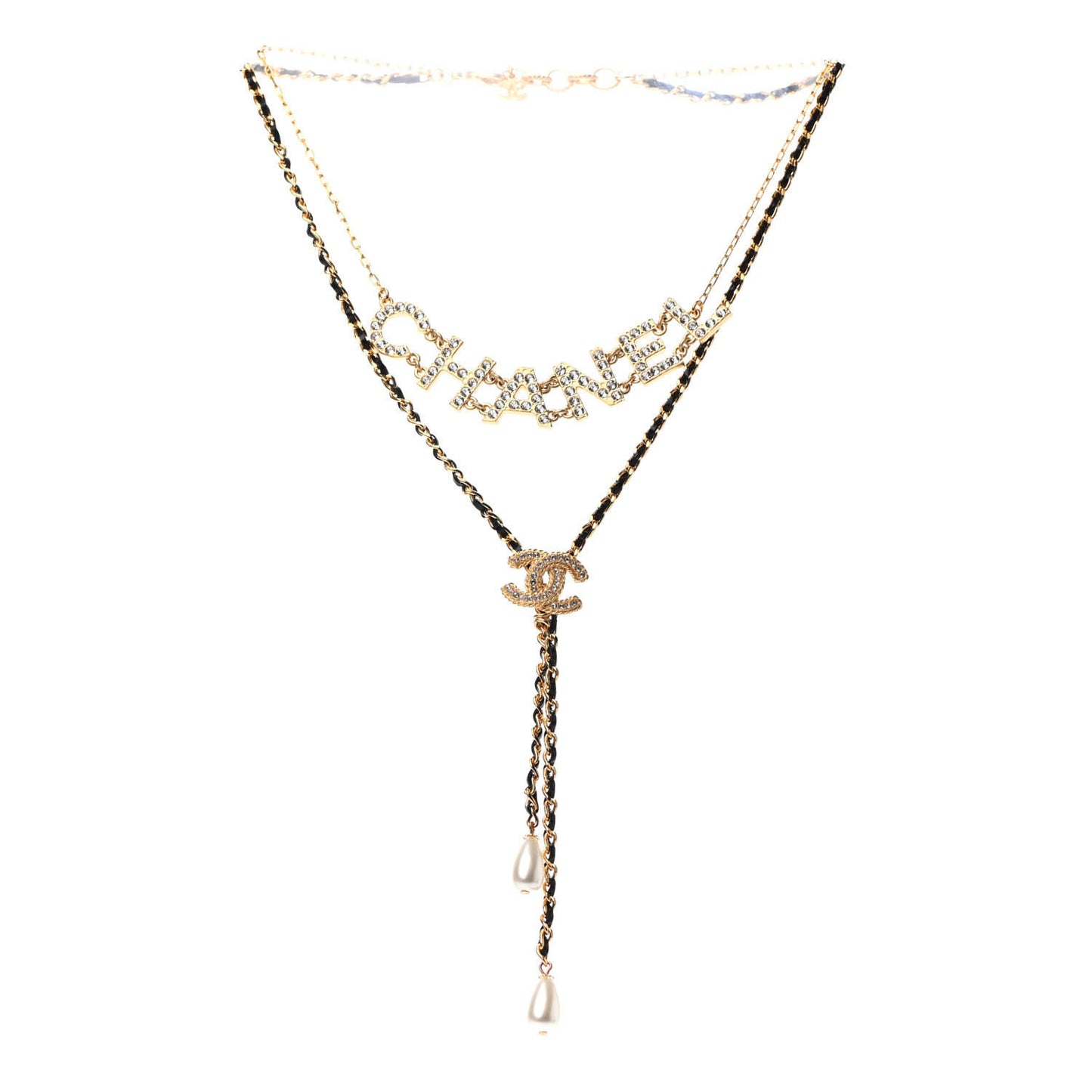 Lambskin Crystal Pearl Logo CC Double Strand Necklace Gold White Black