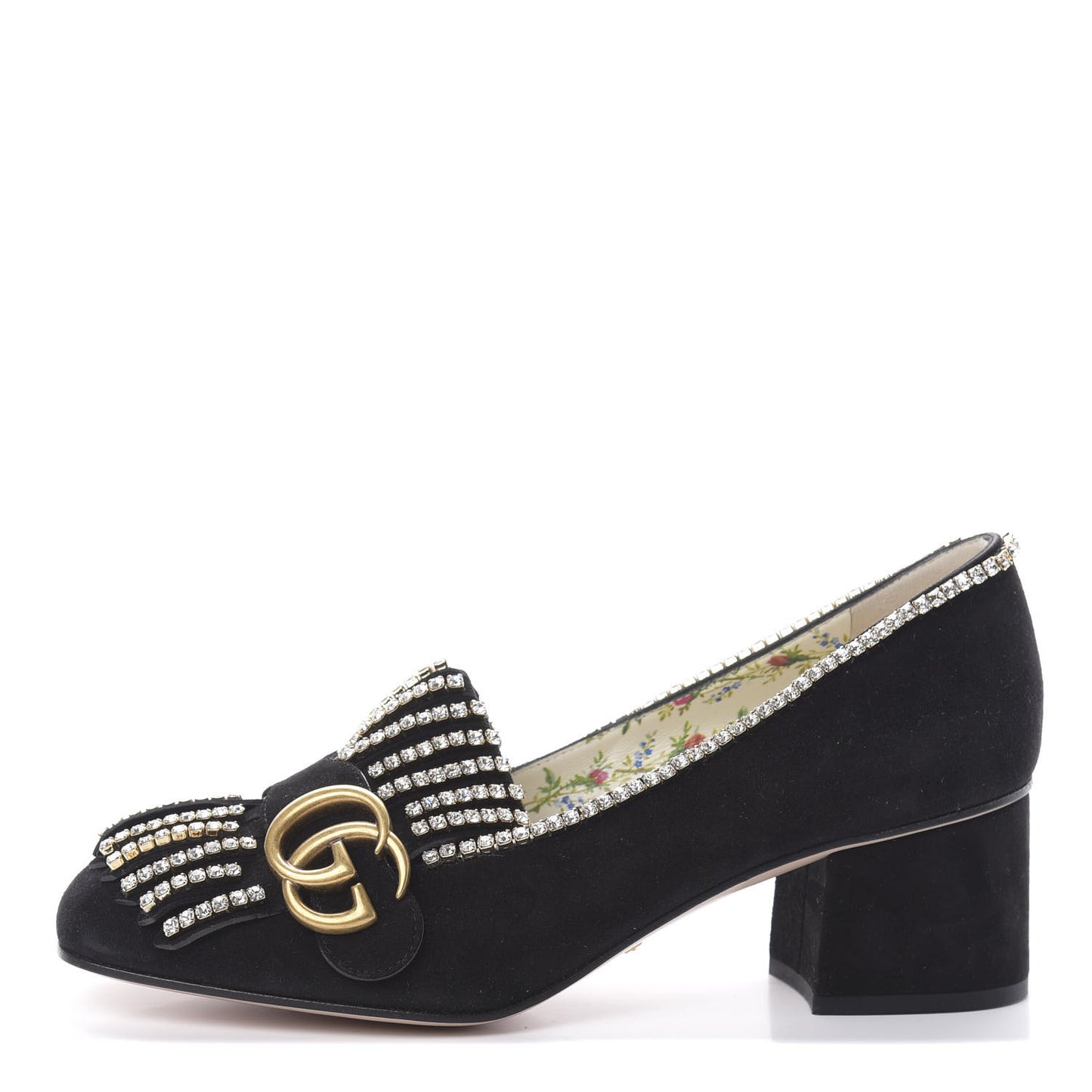 Kid Scamosciato Crystal GG Marmont Fringe 50mm Loafer Pumps 37 Black