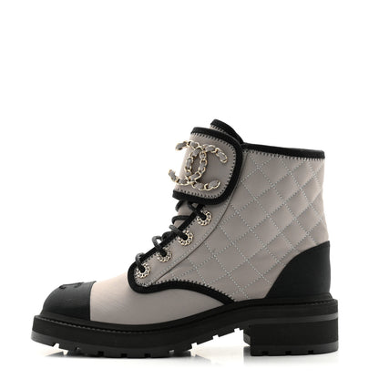Chanel Fabric Grosgrain Quilted Cap Toe Lace Up Combat Boots 37 Gray Black 1 of 8