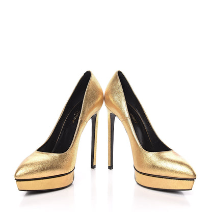 Saint Laurent Metallic Grained Calfskin Janis 105 D'Orsay Pumps 39.5 Black Gold 3 of 16