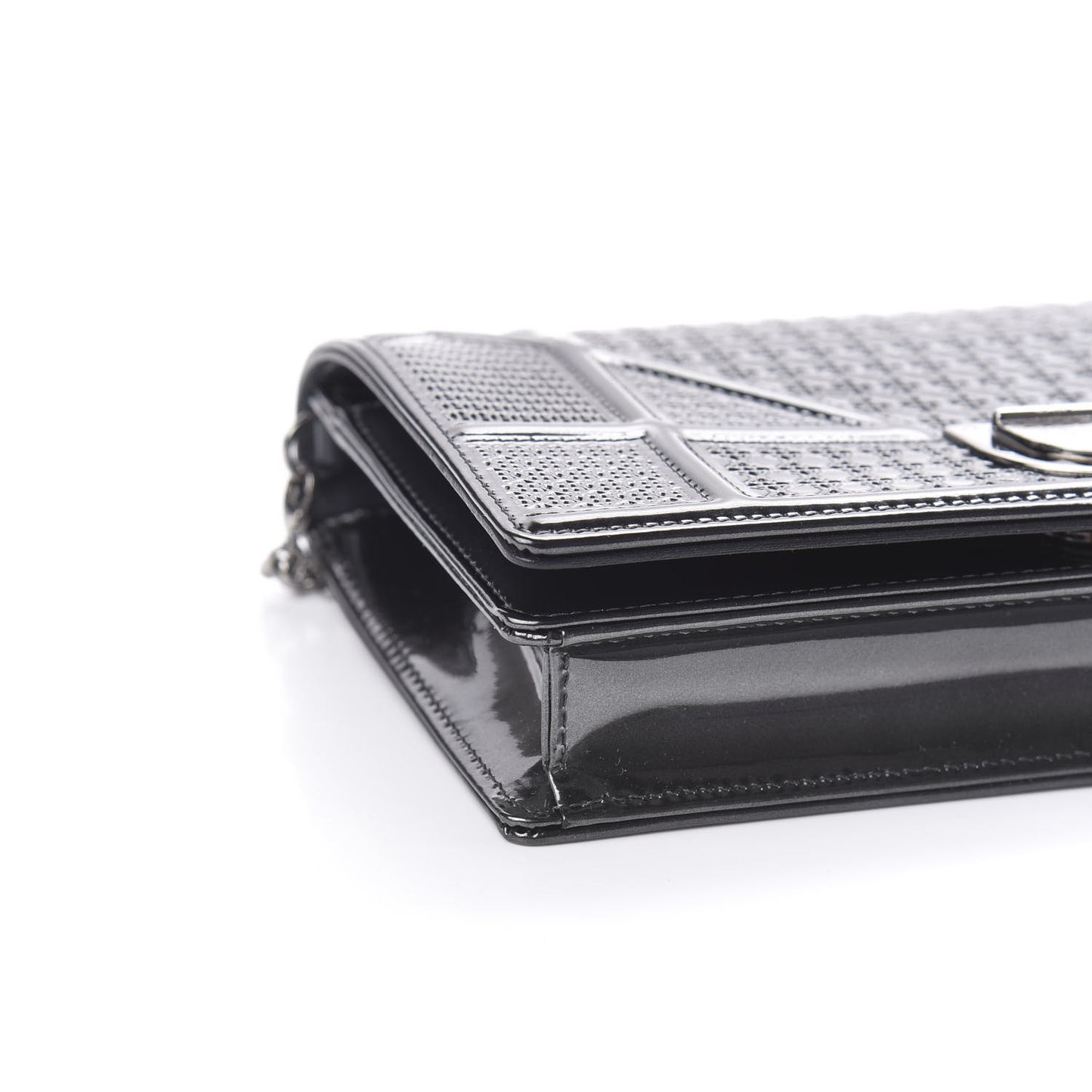 Metallic Patent Micro-Cannage Diorama Wallet on Chain Pouch Onyx Black
