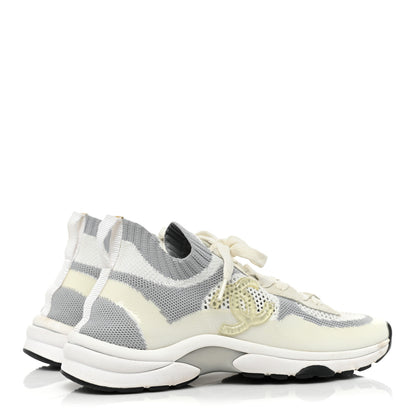 Chanel Fabric Suede Calfskin Stretch CC Sneakers 37.5 White Grey 4 of 12