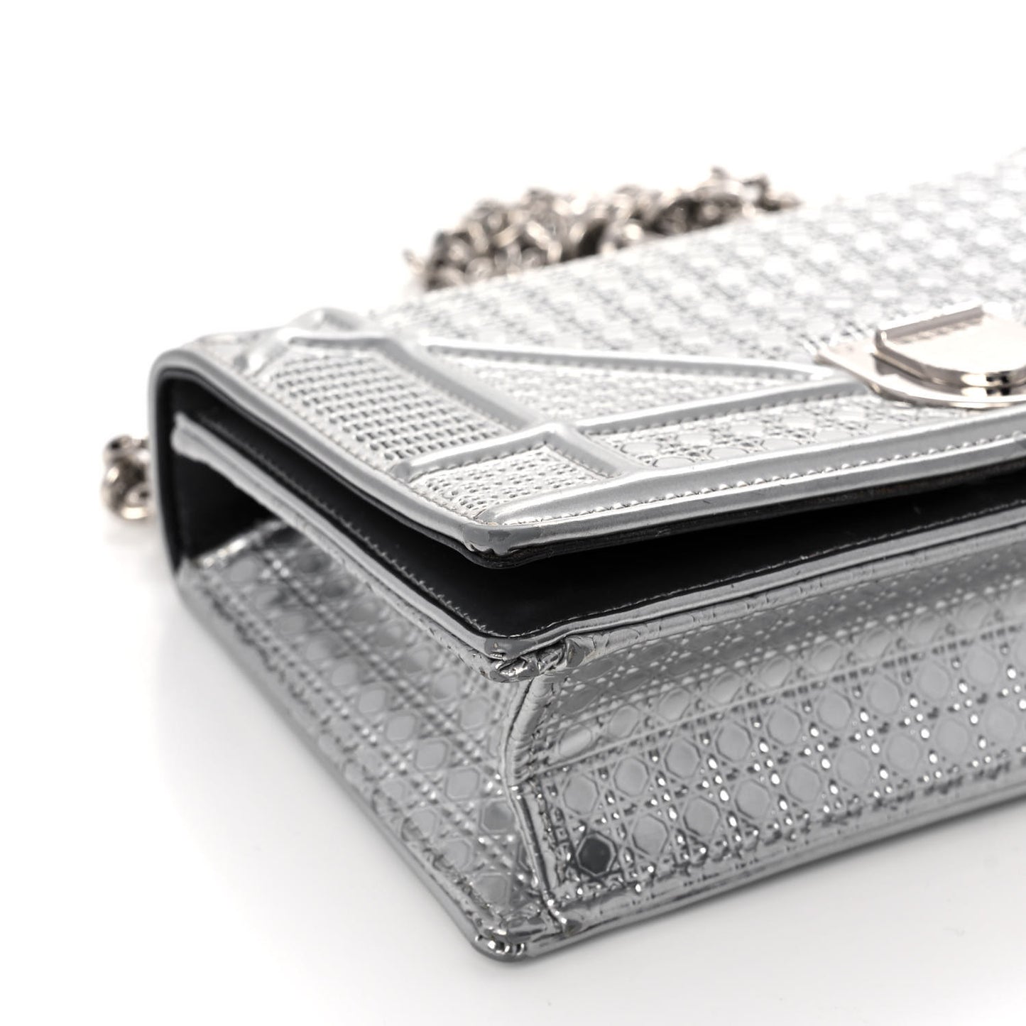 Metallic Patent Micro-Cannage Mini Diorama Flap Bag Silver
