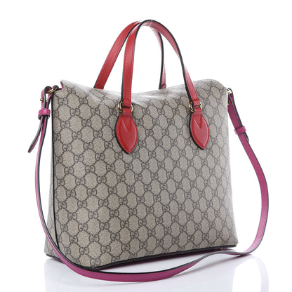 Gucci GG Supreme Monogram Linea A Foldover Tote Beige Hibiscus Red New Rosette 3 of 16