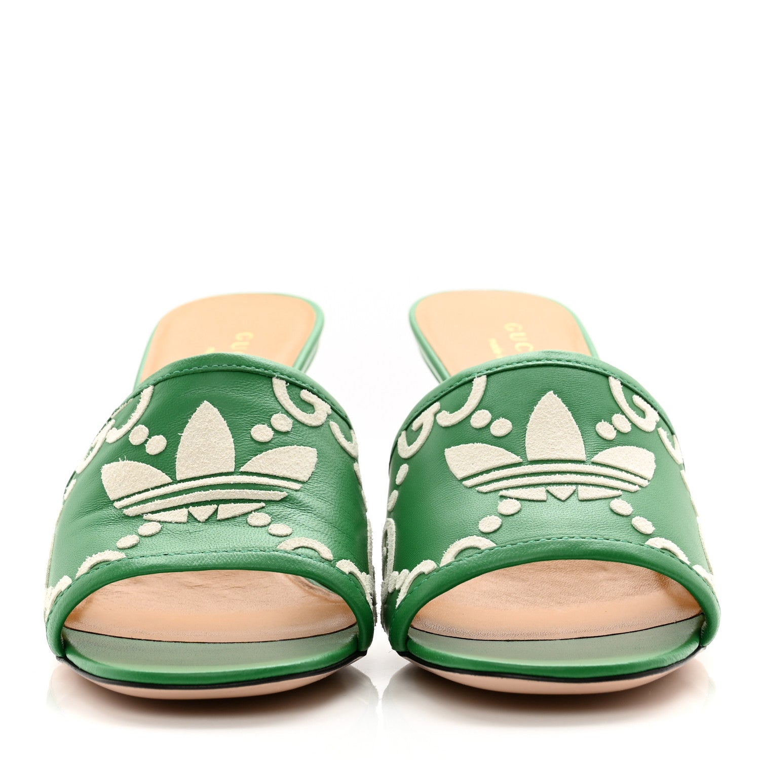 Gucci X ADIDAS Nappa Charlotte Suede Monogram Jumbo GG Trefoil 75mm Slide Sandals 37 New Shamarock Ivoire 2 of 9